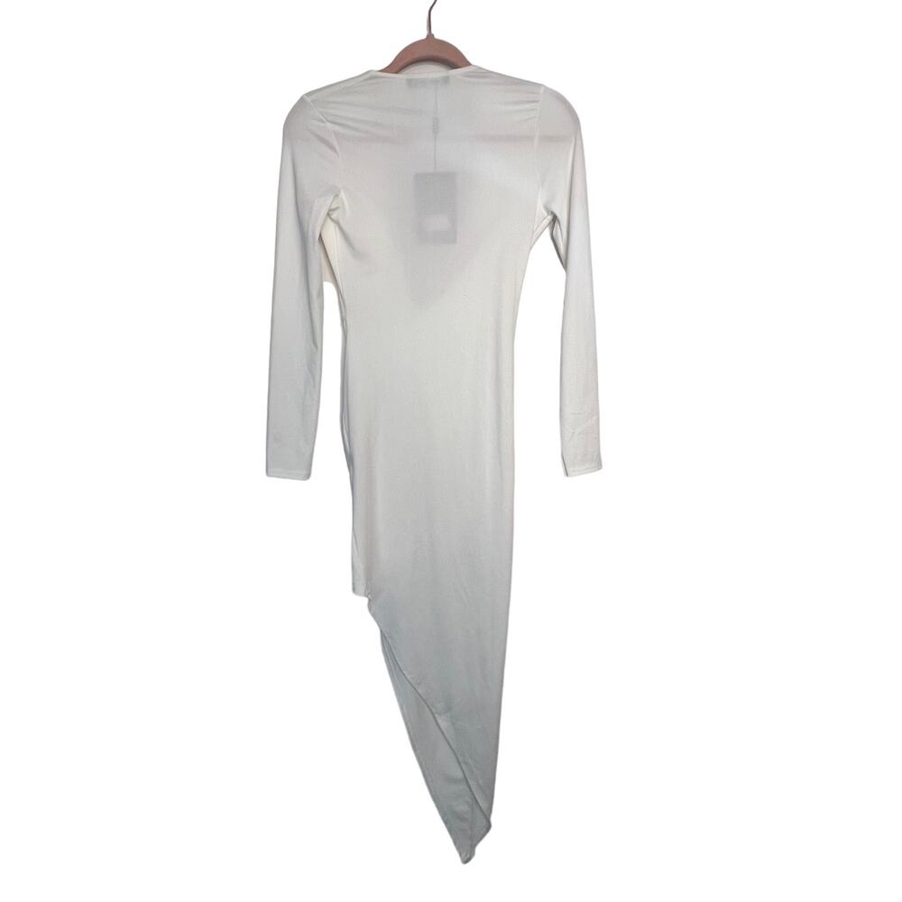 NWT Missguided Long Sleeve Asymmetrical Low Cut V Neck Bodycon White Dress 2 - Picture 3 of 6